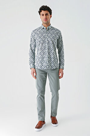 Su Yeşili Uzun Kollu Baskılı Garnili Pamuklu Casual Slim Fit Dar Kesim Gömlek 1004240211