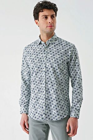 Su Yeşili Uzun Kollu Baskılı Garnili Pamuklu Casual Slim Fit Dar Kesim Gömlek 1004240211