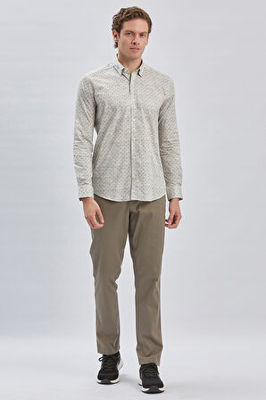 Bej Uzun Kollu Baskılı Biritli Yaka Cepsiz Pamuklu Klasik Slim Fit Dar Kesim Gömlek 1004240213