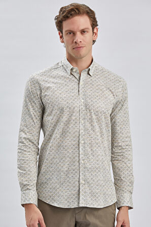 Bej Uzun Kollu Baskılı Biritli Yaka Cepsiz Pamuklu Klasik Slim Fit Dar Kesim Gömlek 1004240213