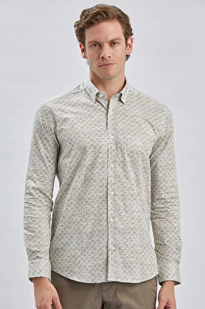 Bej Uzun Kollu Baskılı Biritli Yaka Cepsiz Pamuklu Klasik Slim Fit Dar Kesim Gömlek 1004240213