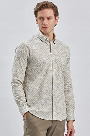 Bej Uzun Kollu Baskılı Biritli Yaka Cepsiz Pamuklu Klasik Slim Fit Dar Kesim Gömlek 1004240213