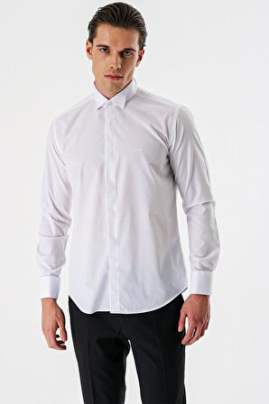 Beyaz Uzun Kollu Bez Ayağı Ata Yaka Cepsiz Pamuklu Damatlık Slim Fit Dar Kesim Gömlek 1004240214