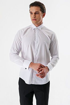 Beyaz Uzun Kollu Bez Ayağı Ata Yaka Cepsiz Pamuklu Damatlık Slim Fit Dar Kesim Gömlek 1004240214