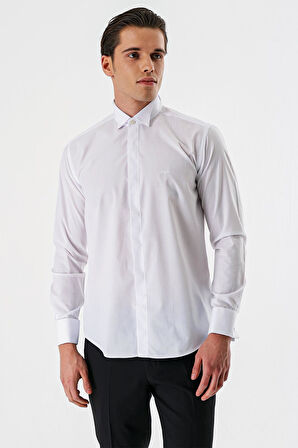 Beyaz Uzun Kollu Bez Ayağı Ata Yaka Cepsiz Pamuklu Damatlık Slim Fit Dar Kesim Gömlek 1004240214