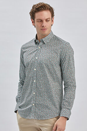 Koyu Yeşil Uzun Kollu Baskılı Biritli Yaka Cepsiz Pamuklu Klasik Slim Fit Dar Kesim Gömlek 1004240215