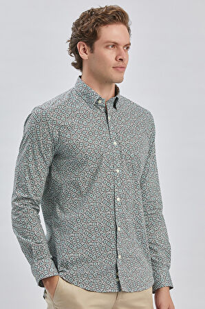 Koyu Yeşil Uzun Kollu Baskılı Biritli Yaka Cepsiz Pamuklu Klasik Slim Fit Dar Kesim Gömlek 1004240215