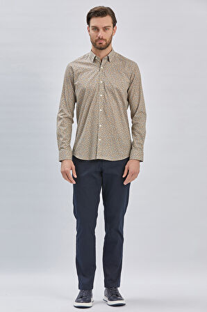 Hardal Uzun Kollu Baskılı Biritli Yaka Cepsiz Pamuklu Klasik Slim Fit Dar Kesim Gömlek 1004240215