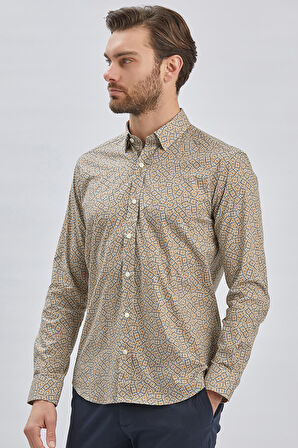 Hardal Uzun Kollu Baskılı Biritli Yaka Cepsiz Pamuklu Klasik Slim Fit Dar Kesim Gömlek 1004240215