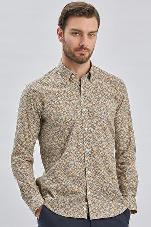 Hardal Uzun Kollu Baskılı Biritli Yaka Cepsiz Pamuklu Klasik Slim Fit Dar Kesim Gömlek 1004240215