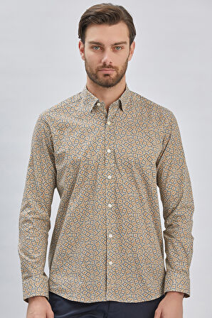 Hardal Uzun Kollu Baskılı Biritli Yaka Cepsiz Pamuklu Klasik Slim Fit Dar Kesim Gömlek 1004240215