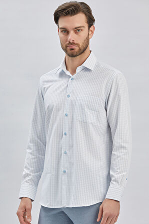 Beyaz Uzun Kollu Ekoseli Sert Yaka Cepli Pamuklu Klasik Comfort Fit Rahat Kesim Gömlek 1004240223