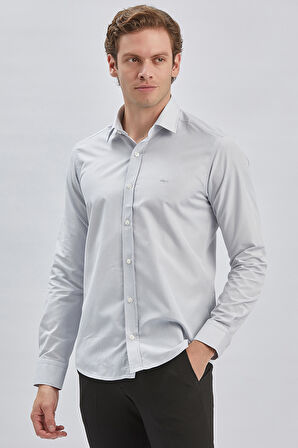 Gri Uzun Kollu Bez Ayağı Sert Yaka Cepsiz Pamuklu Klasik Slim Fit Dar Kesim Gömlek 1004240230