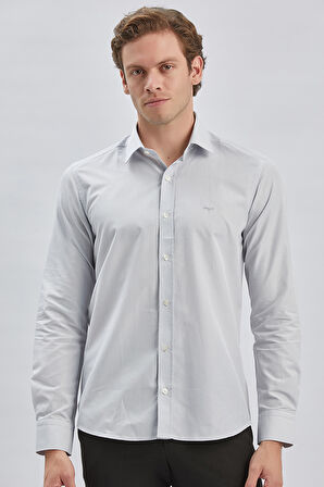 Gri Uzun Kollu Bez Ayağı Sert Yaka Cepsiz Pamuklu Klasik Slim Fit Dar Kesim Gömlek 1004240230