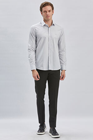 Gri Uzun Kollu Bez Ayağı Sert Yaka Cepsiz Pamuklu Klasik Slim Fit Dar Kesim Gömlek 1004240230