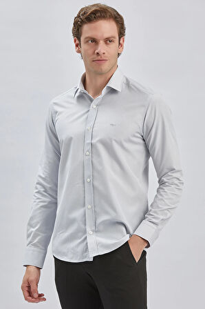 Gri Uzun Kollu Bez Ayağı Sert Yaka Cepsiz Pamuklu Klasik Slim Fit Dar Kesim Gömlek 1004240230