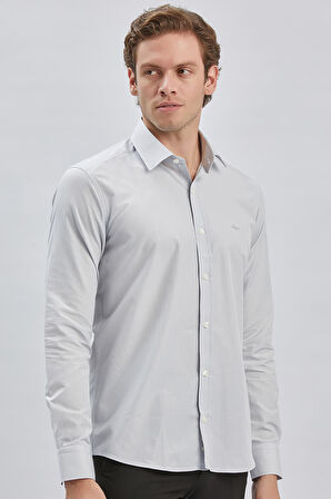 Gri Uzun Kollu Bez Ayağı Sert Yaka Cepsiz Pamuklu Klasik Slim Fit Dar Kesim Gömlek 1004240230