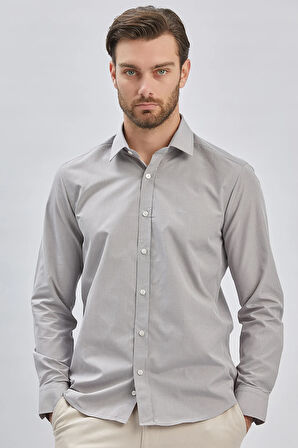 Gri Uzun Kollu Bez Ayağı Sert Yaka Cepsiz Pamuklu Klasik Slim Fit Dar Kesim Gömlek 1004240230
