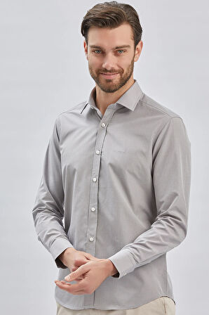 Gri Uzun Kollu Bez Ayağı Sert Yaka Cepsiz Pamuklu Klasik Slim Fit Dar Kesim Gömlek 1004240230