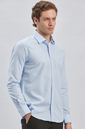 Koyu Mavi Uzun Kollu Bez Ayağı Sert Yaka Cepsiz Pamuklu Klasik Slim Fit Dar Kesim Gömlek 1004240230