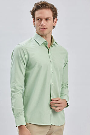 Açık Yeşil Uzun Kollu Bez Ayağı Sert Yaka Cepsiz Pamuklu Klasik Slim Fit Dar Kesim Gömlek 1004240230