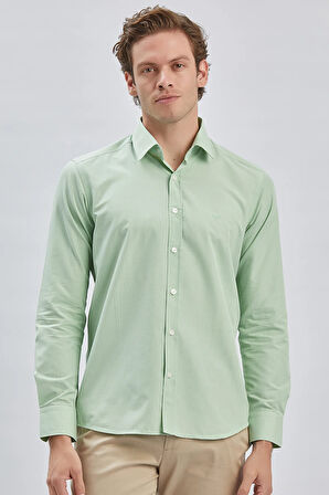 Açık Yeşil Uzun Kollu Bez Ayağı Sert Yaka Cepsiz Pamuklu Klasik Slim Fit Dar Kesim Gömlek 1004240230