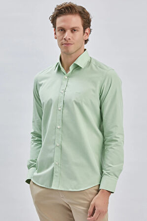 Açık Yeşil Uzun Kollu Bez Ayağı Sert Yaka Cepsiz Pamuklu Klasik Slim Fit Dar Kesim Gömlek 1004240230