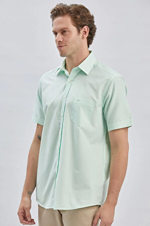 Su Yeşili Kısa Kollu Desenli Sert Yaka Cepli Pamuklu Klasik Comfort Fit Rahat Kesim Gömlek 1004240231