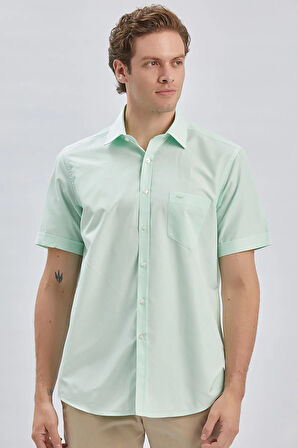 Su Yeşili Kısa Kollu Desenli Sert Yaka Cepli Pamuklu Klasik Comfort Fit Rahat Kesim Gömlek 1004240231