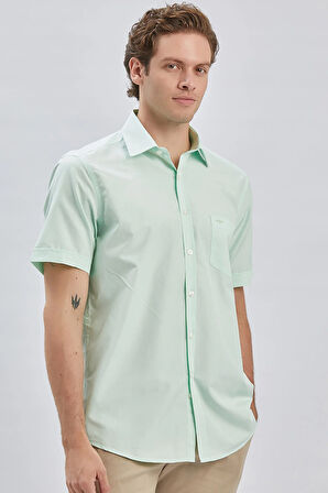 Su Yeşili Kısa Kollu Desenli Sert Yaka Cepli Pamuklu Klasik Comfort Fit Rahat Kesim Gömlek 1004240231