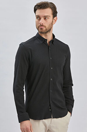 Siyah Uzun Kollu Biritli Yaka Biyeli Pamuklu Likralı Casual Slim Fit Dar Kesim Gömlek 1004240232