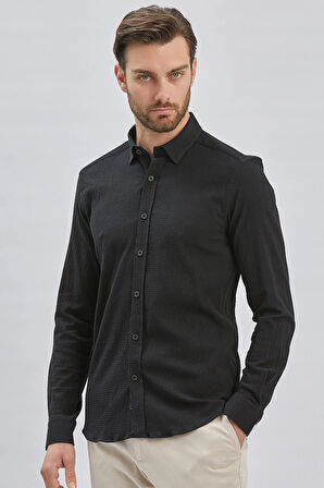 Siyah Uzun Kollu Biritli Yaka Biyeli Pamuklu Likralı Casual Slim Fit Dar Kesim Gömlek 1004240232