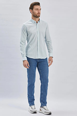 Koyu Mavi Uzun Kollu Biritli Yaka Biyeli Pamuklu Likralı Casual Slim Fit Dar Kesim Gömlek 1004240232
