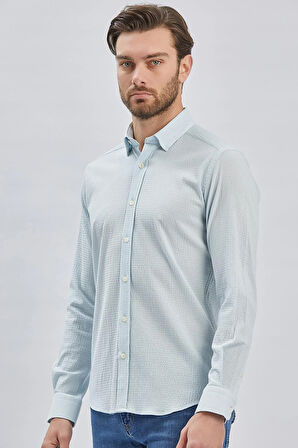 Koyu Mavi Uzun Kollu Biritli Yaka Biyeli Pamuklu Likralı Casual Slim Fit Dar Kesim Gömlek 1004240232