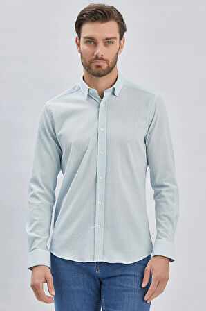 Koyu Mavi Uzun Kollu Biritli Yaka Biyeli Pamuklu Likralı Casual Slim Fit Dar Kesim Gömlek 1004240232