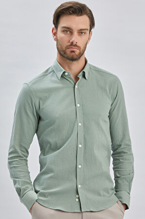 Açık Yeşil Uzun Kollu Biritli Yaka Biyeli Pamuklu Likralı Casual Slim Fit Dar Kesim Gömlek 1004240232