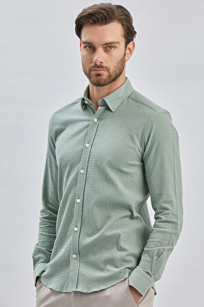 Açık Yeşil Uzun Kollu Biritli Yaka Biyeli Pamuklu Likralı Casual Slim Fit Dar Kesim Gömlek 1004240232