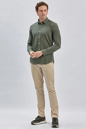 Koyu Haki Uzun Kollu Biritli Yaka Biyeli Pamuklu Likralı Casual Slim Fit Dar Kesim Gömlek 1004240232
