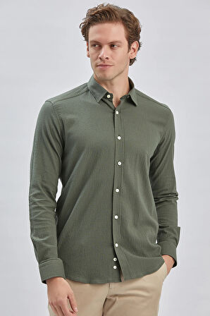 Koyu Haki Uzun Kollu Biritli Yaka Biyeli Pamuklu Likralı Casual Slim Fit Dar Kesim Gömlek 1004240232