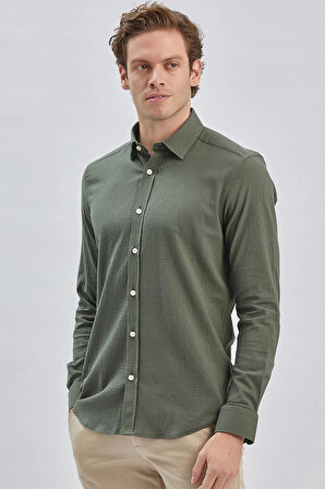 Koyu Haki Uzun Kollu Biritli Yaka Biyeli Pamuklu Likralı Casual Slim Fit Dar Kesim Gömlek 1004240232