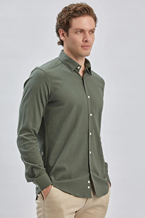 Koyu Haki Uzun Kollu Biritli Yaka Biyeli Pamuklu Likralı Casual Slim Fit Dar Kesim Gömlek 1004240232