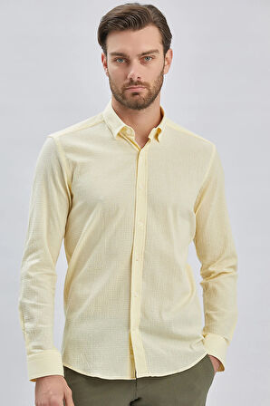 Sarı Uzun Kollu Biritli Yaka Biyeli Pamuklu Likralı Casual Slim Fit Dar Kesim Gömlek 1004240232