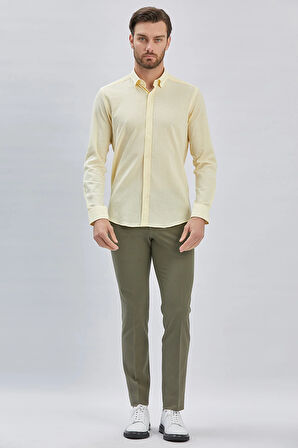 Sarı Uzun Kollu Biritli Yaka Biyeli Pamuklu Likralı Casual Slim Fit Dar Kesim Gömlek 1004240232