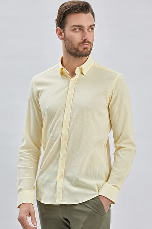 Sarı Uzun Kollu Biritli Yaka Biyeli Pamuklu Likralı Casual Slim Fit Dar Kesim Gömlek 1004240232