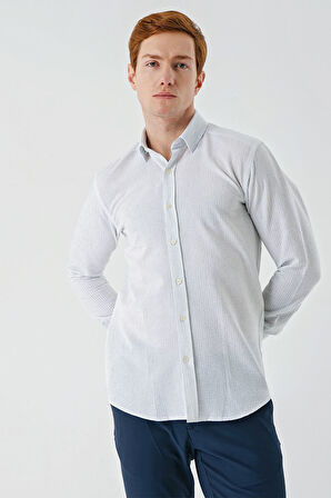 Koyu Mavi Uzun Kollu Çizgili Biritli Yaka Pamuklu Likralı Casual Slim Fit Dar Kesim Gömlek 1004240233