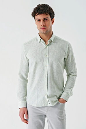 Koyu Yeşil Uzun Kollu Çizgili Biritli Yaka Pamuklu Likralı Casual Slim Fit Dar Kesim Gömlek 1004240233
