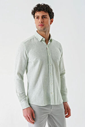 Koyu Yeşil Uzun Kollu Çizgili Biritli Yaka Pamuklu Likralı Casual Slim Fit Dar Kesim Gömlek 1004240233