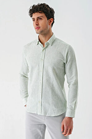 Koyu Yeşil Uzun Kollu Çizgili Biritli Yaka Pamuklu Likralı Casual Slim Fit Dar Kesim Gömlek 1004240233