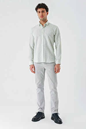 Koyu Yeşil Uzun Kollu Çizgili Biritli Yaka Pamuklu Likralı Casual Slim Fit Dar Kesim Gömlek 1004240233