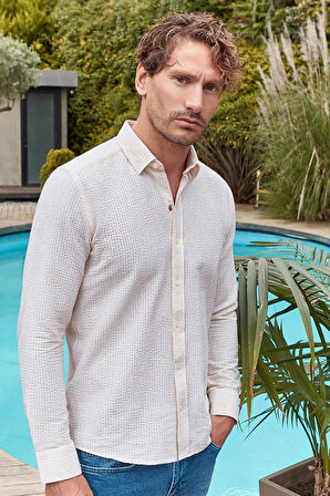 Hardal Uzun Kollu Çizgili Biritli Yaka Pamuklu Likralı Casual Slim Fit Dar Kesim Gömlek 1004240233